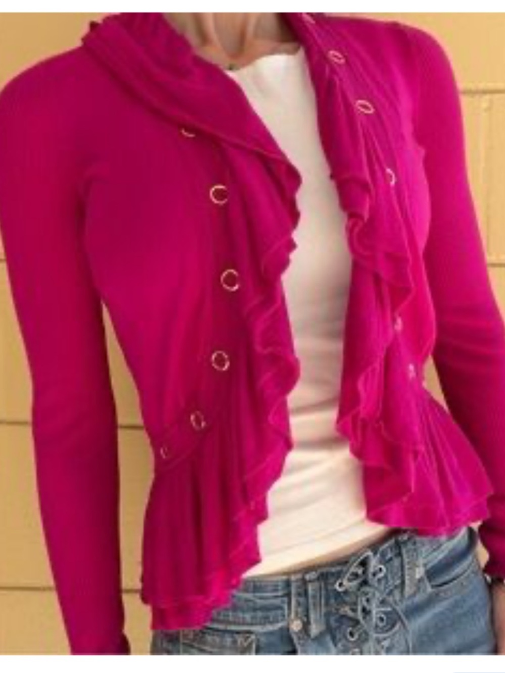 Cache Vibrant Fuchsia Open Front‎ Knit Cardigan Gold Detail Large NWT